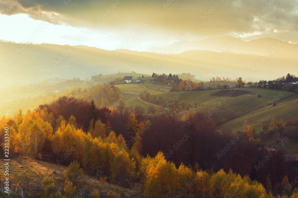 Magic autumn sunset light in Transylvania. Warm october evening
