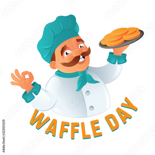 Funny mustachioed cook chef in the chef's hat with Belgian waffles on a plate to Happy Waffle Day. Cartoon vector illustration isolated on white background. Great for posters, postcards and web design