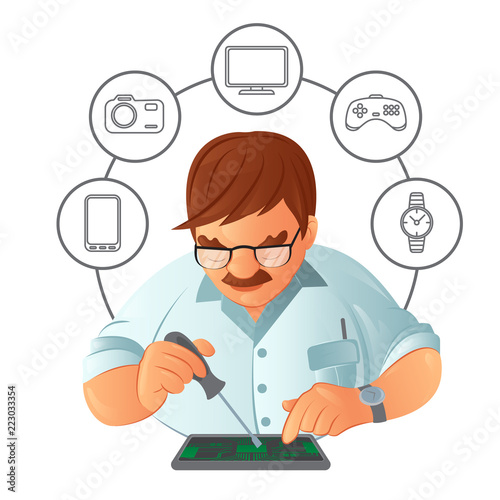 Old mustachioed repairman in glasses repairing gadget with a screwdriver in service center with digital device icons. Vector illustration isolated on white background. Great for print and web design