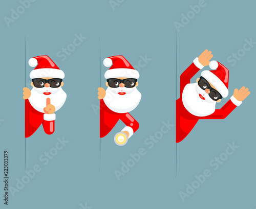 Secret santa claus flashlight peeking out corner surrender give up cartoon characters set flat design isolated vector illustration