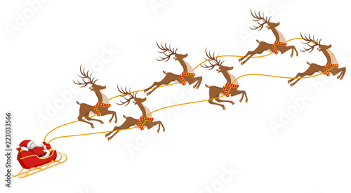 New Year. Christmas. Santa Claus on a sleigh harnessed by six deer. In color. illustration