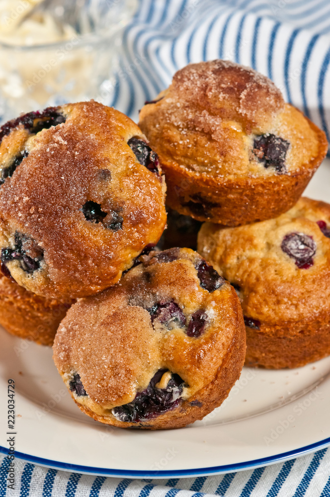 Top view, close distance of five, freshly baked, homemade blueberry muffins with cinnamon sugar on a round, white plate with blue rim on a blue and white striped towel
