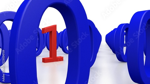 Single Binary Number One in many Zero's on a white Background