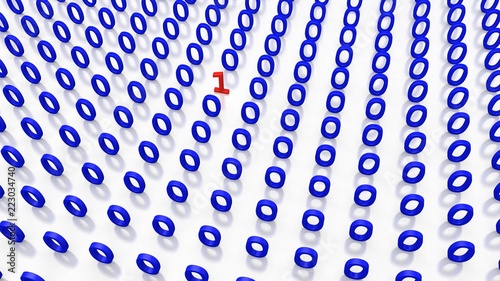 Single Binary Number One in many Zero's on a white Background