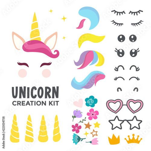 Unicorn creation kit of cute cartoon unicorn character vector illustration. Create your own unicorn face