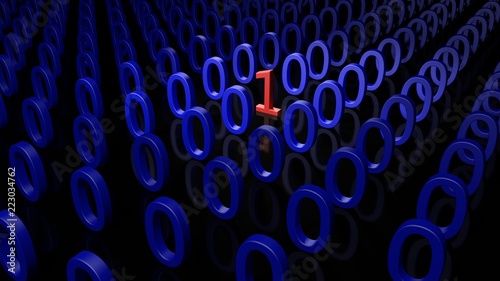 Single Binary Number One in many Zero's on a black Background