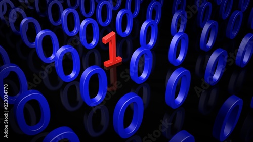 Single Binary Number One in many Zero's on a black Background