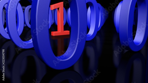 Single Binary Number One in many Zero's on a black Background