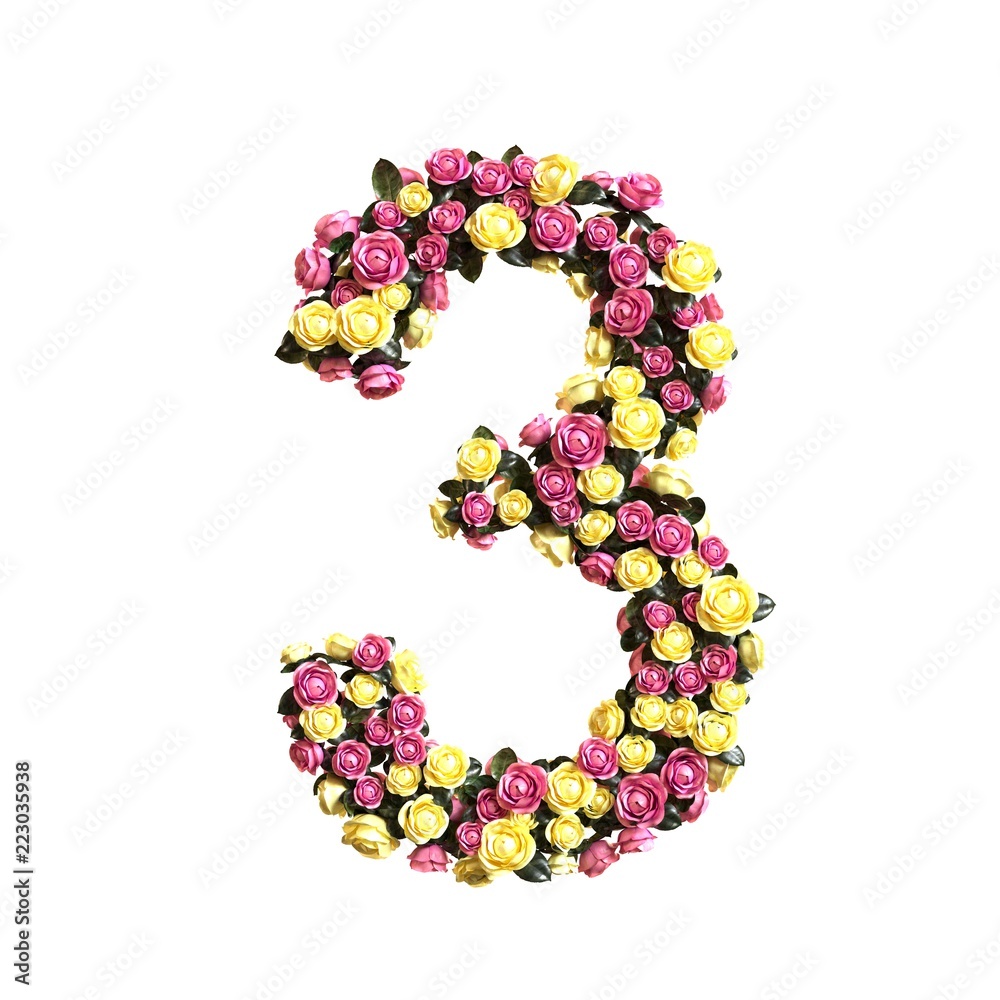 Flowered numbers floral collection 3d illustration