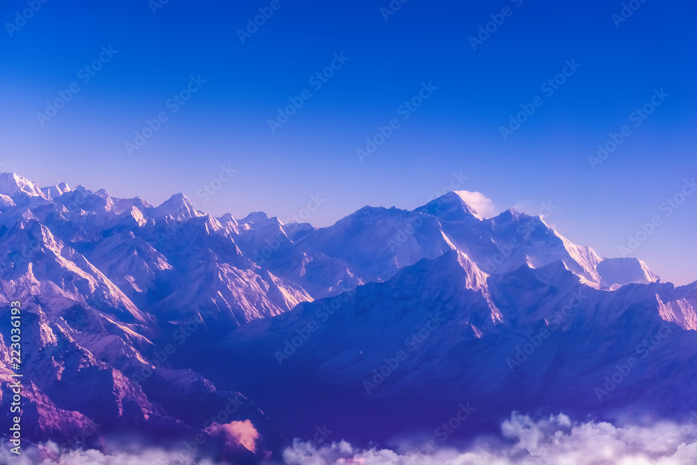 Himalaya mountains in Nepal, view of small village Braga on Annapurna circuit at sunset or sunrise