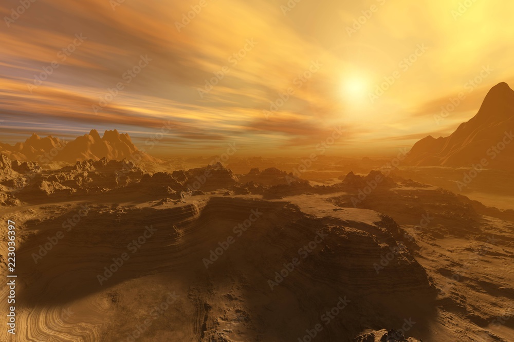Naklejka premium Alien landscape. The stony desert at sunset.
