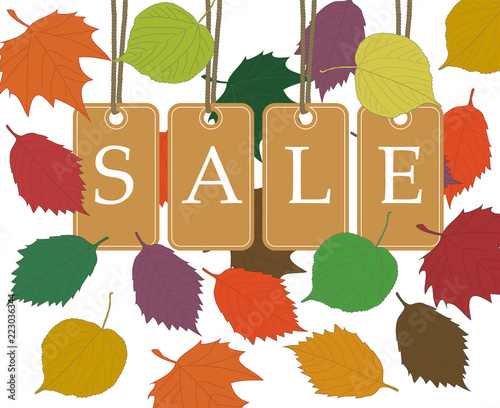 autumn seasonal sale background with beige price tag hanging fro