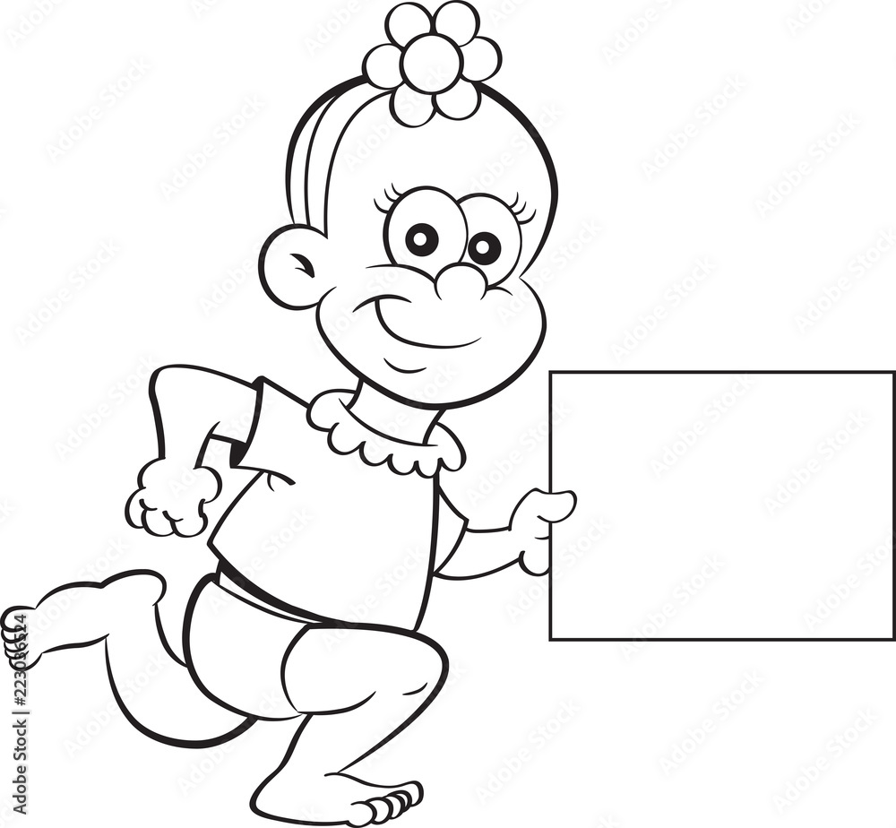 Black and white illustration of a baby girl running while holding a sign.
