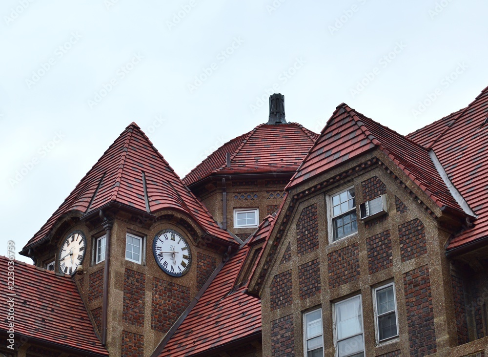 New York Forest Hills Queens Medieval Old Fashioned Building Clock and Dome Architecture New York Forest Hills Queens Medieval Old Fashioned Building Clock and Dome Architecture