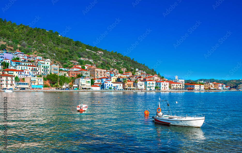 View of the picturesque coastal town of Gythio, Peloponnese, Greece.