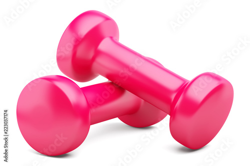 pink dumbbells isolated on white background photo