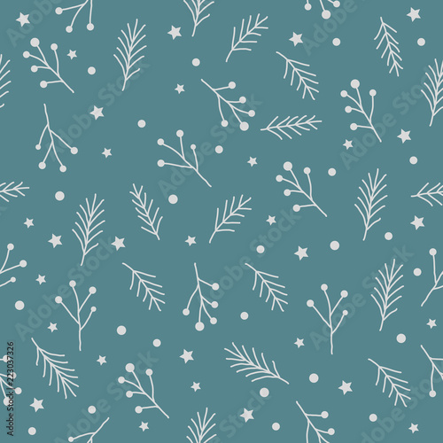 Seamless christmas pattern with white fir twigs, berries, spruce tree sprig stars and circles on blue background, vector retro style
