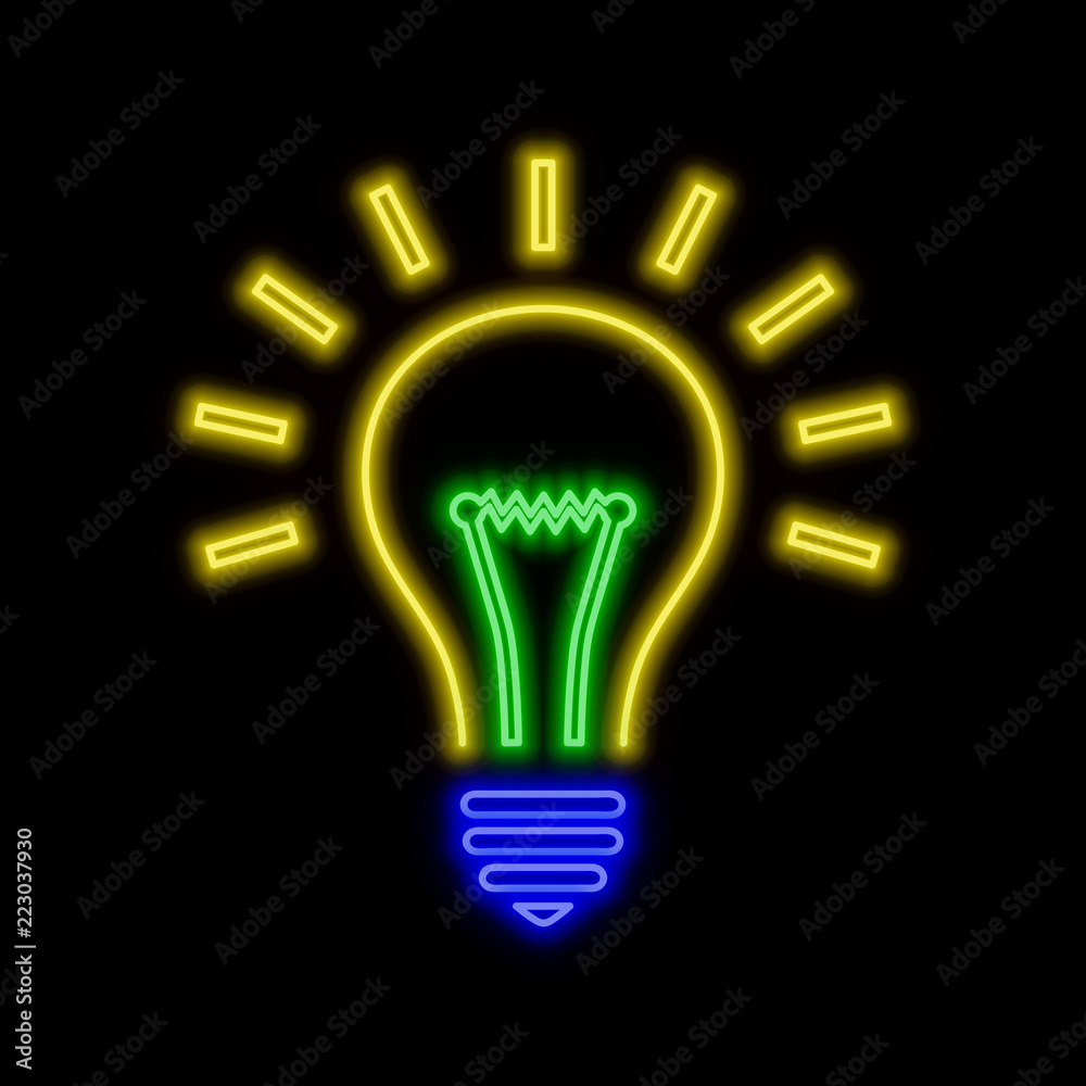 Lightbulb neon sign. Bright glowing symbol on a black background. Lightbulb neon sign. Bright glowing symbol on a black background.