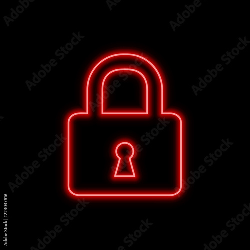 Closed lock neon sign. Bright glowing symbol on a black background.
