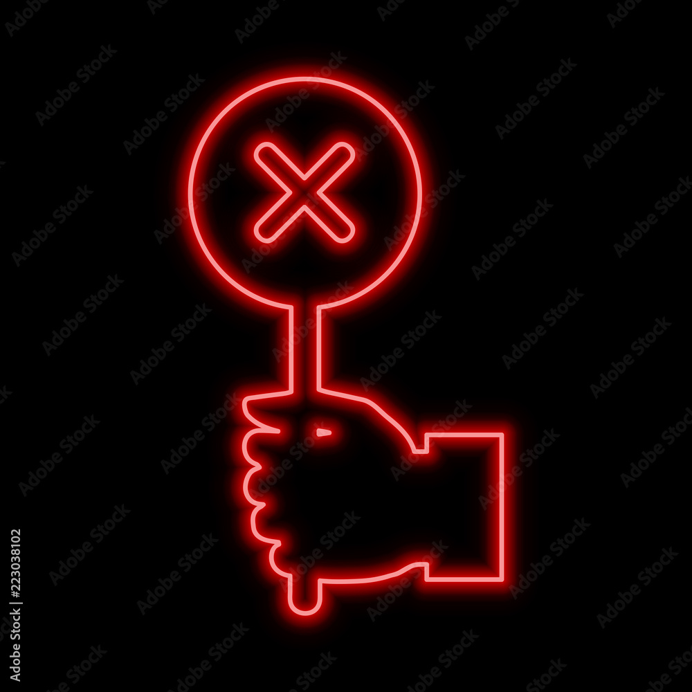 Obraz premium Hand with reject sign. Failure concept neon sign. Bright glowing symbol on a black background.