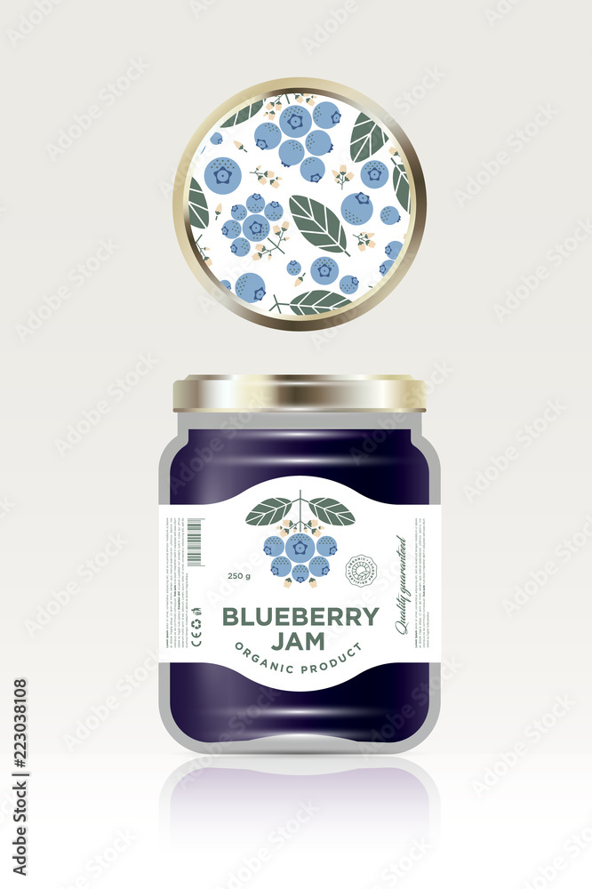 Label and packaging of blueberry jam. Can lid jar with fruit pattern. The flat original illustration and texts on the minimalist label on the jar. Label and packaging of blueberry jam. Can lid jar with fruit pattern. The flat original illustration and texts on the minimalist label on the jar.