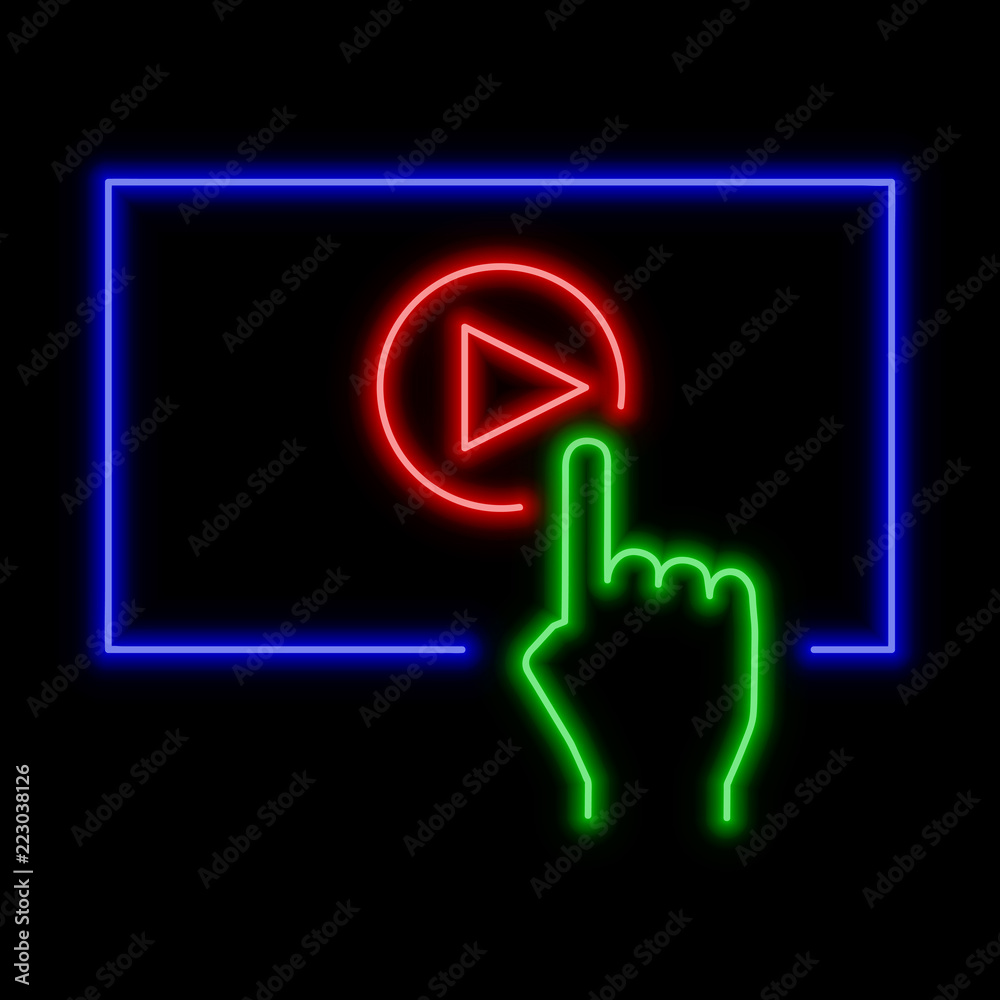 Play video online concept neon sign. Bright glowing symbol on a black background. Play video online concept neon sign. Bright glowing symbol on a black background.