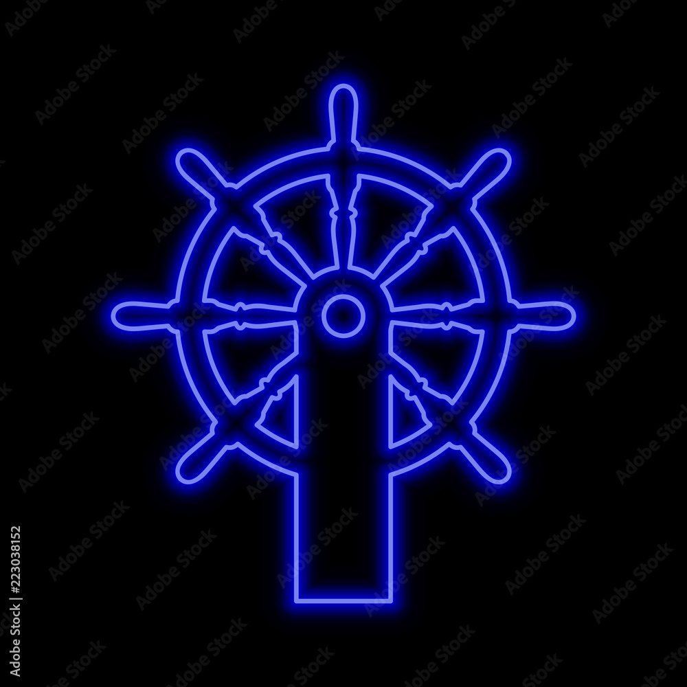 Obraz premium Steering wheel neon sign. Bright glowing symbol on a black background.