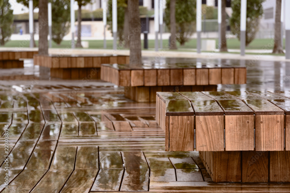 Rainy day and wet benches in the park