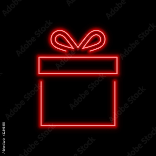 Gift box neon sign. Bright glowing symbol on a black background.