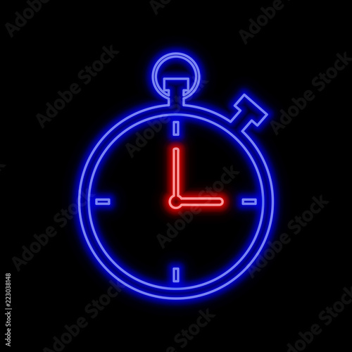 Stopwatch neon sign. Bright glowing symbol on a black background.