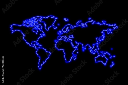 World map neon sign. Bright glowing symbol on a black background.