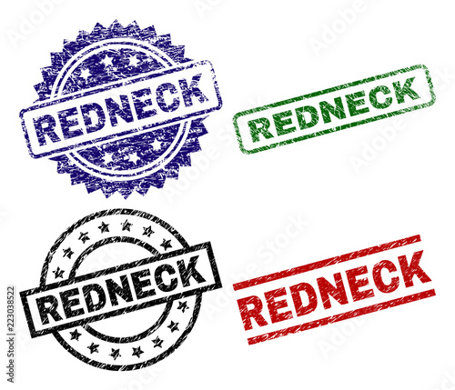 REDNECK seal prints with damaged texture. Black, green,red,blue vector rubber prints of REDNECK title with scratched surface. Rubber seals with circle, rectangle, medal shapes.