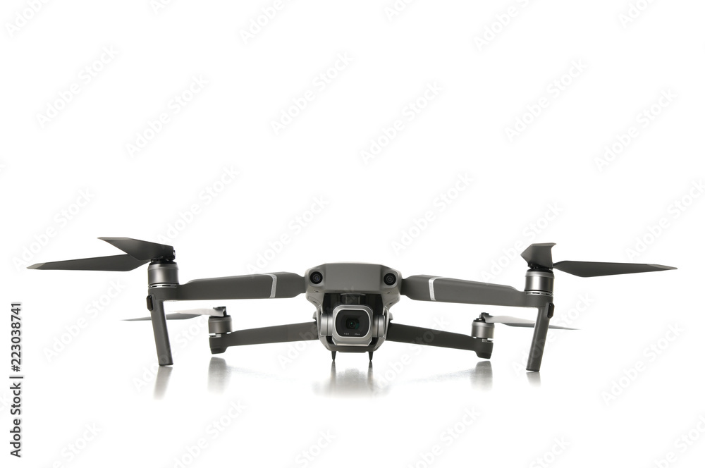 New drone quadcopter with digital camera isolated on white
