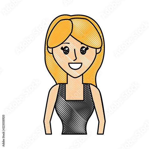grated happy woman with long hair and blouse