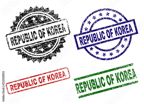 REPUBLIC OF KOREA seal prints with damaged surface. Black, green,red,blue vector rubber prints of REPUBLIC OF KOREA caption with unclean surface. Rubber seals with circle, rectangle, medal shapes.