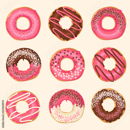 Set of Vector Sweet pink glazed donuts with chocolate and powder. Food design