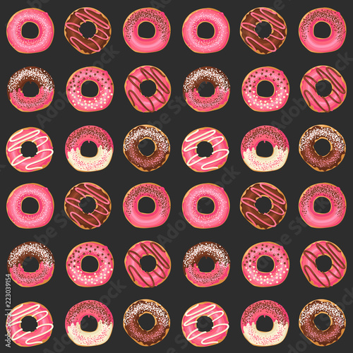 Seamless pattern with Vector Sweet pink glazed donuts with chocolate and powder. Food design. Background for wallpaper, web page, surface textures, textile