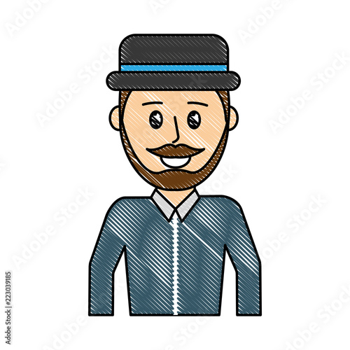 grated happy man wearing hat and shirt