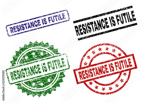 RESISTANCE IS FUTILE seal prints with damaged style. Black, green,red,blue vector rubber prints of RESISTANCE IS FUTILE tag with dirty style. Rubber seals with round, rectangle, medallion shapes.
