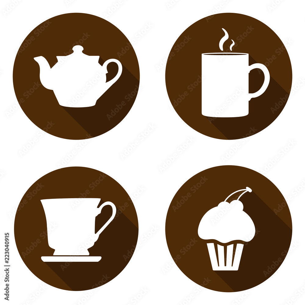 Set of icons for a break. Icons with a kettle, cup, mug and cake