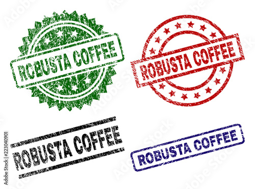 ROBUSTA COFFEE seal prints with distress texture. Black, green,red,blue vector rubber prints of ROBUSTA COFFEE label with retro texture. Rubber seals with circle, rectangle, rosette shapes.
