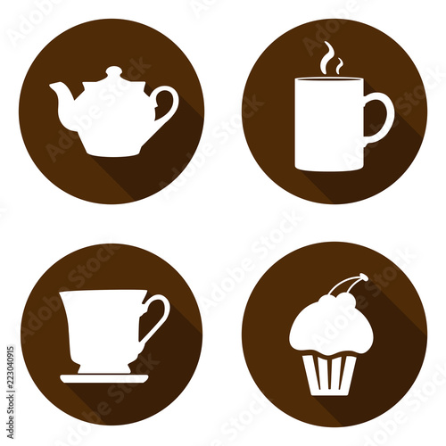 Set of icons for a break. Icons with a kettle  cup  mug and cake