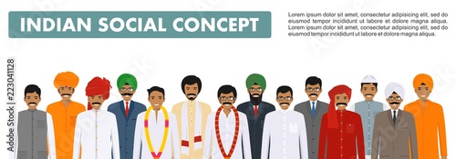 Social concept. Group indian people standing together in different traditional national clothes on white background in flat style. Vector illustration.