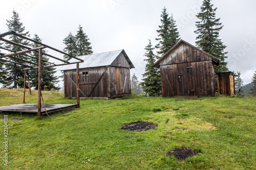 Shepherd wooden hut on meadow in autumn season