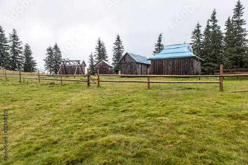Shepherd wooden hut on meadow in autumn season