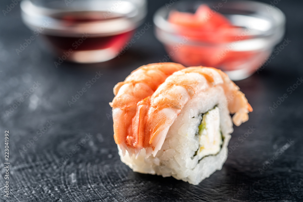 Sushi rolls of fresh shrimps rice and Philadelphia cheese Sushi rolls of fresh shrimps rice and Philadelphia cheese