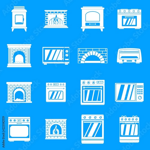 Oven stove furnace fireplace icons set. Simple illustration of 16 oven stove furnace fireplace vector icons for web