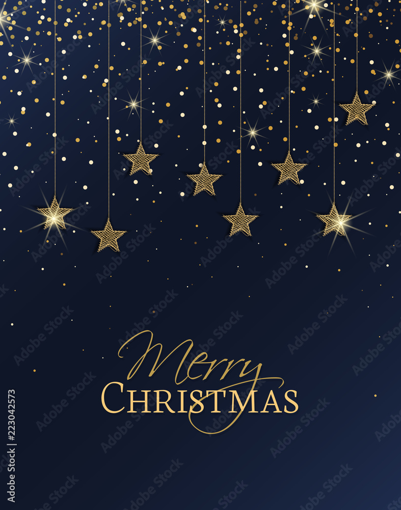 Vector illustration of stars. Merry Christmas card with golden stars. Gold decoration on a blue background. Night sky. Vector illustration of stars. Merry Christmas card with golden stars. Gold decoration on a blue background. Night sky.