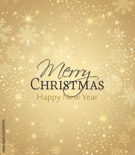 Vector illustration of a Christmas background. Merry Christmas card with snowflakes. Snow decoration on golden background