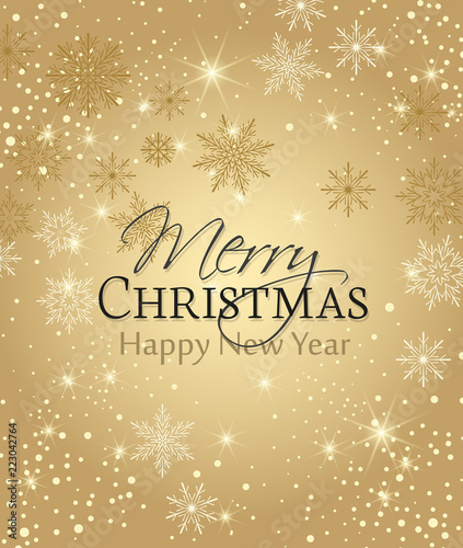 Vector illustration of a Christmas background. Merry Christmas card with snowflakes. Snow decoration on golden background